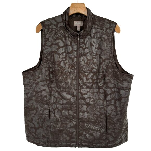 Chico's 3 Women's Vest Size XL Brown Animal Print Full Zip Sleeveless pockets - Picture 1 of 9